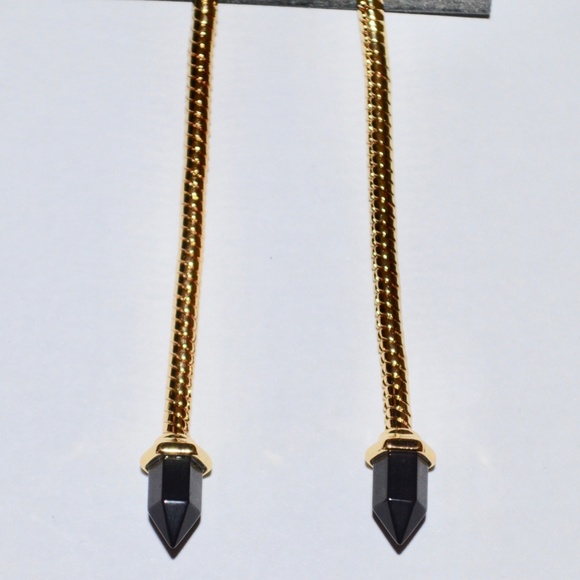 NWT CC SKYE GOLD GEO BLACK ONYX DAGGER LONG GOLD CHAIN EARRINGS. - Picture 4 of 7